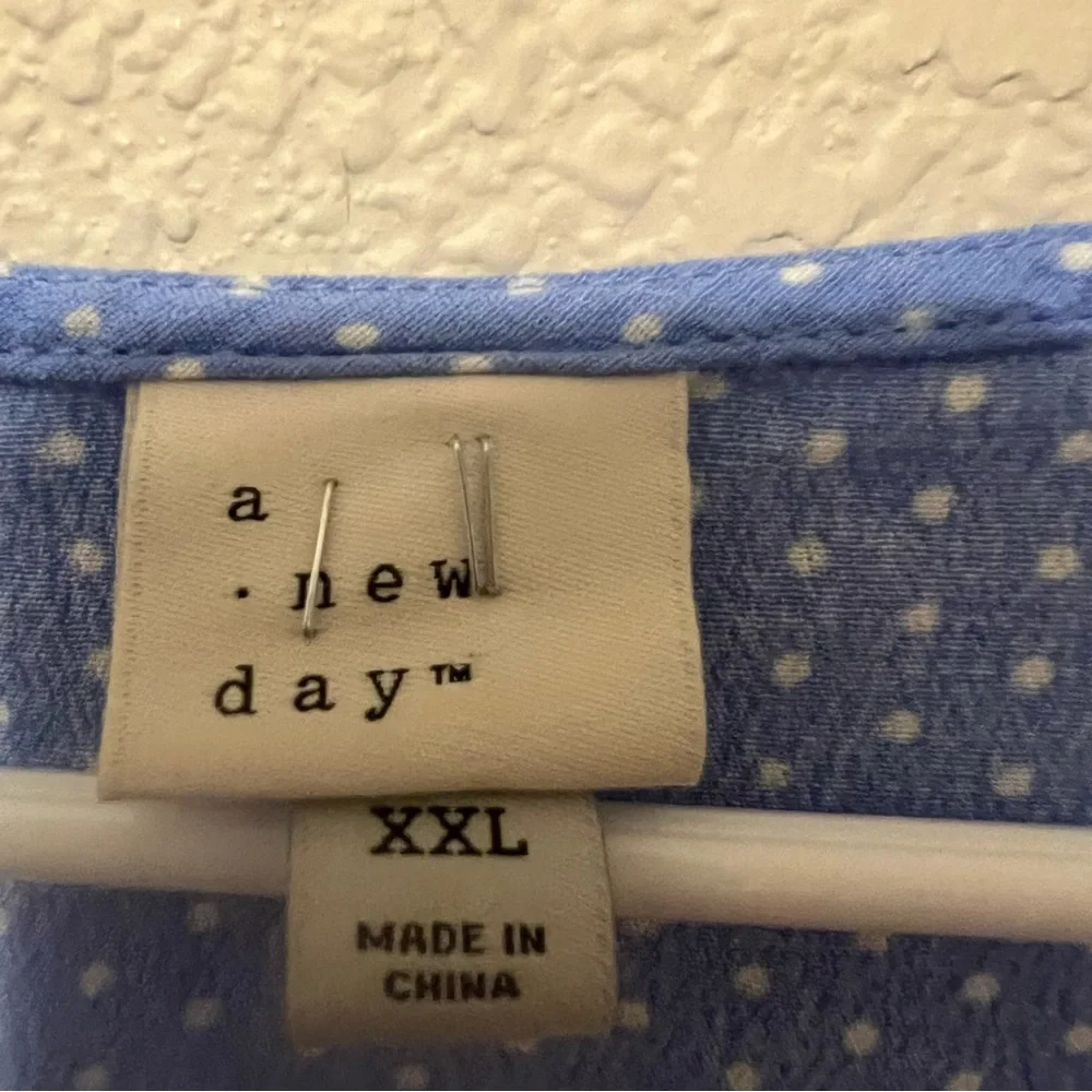 A New Day XXL Woman's Dress Front Button Short Sleeve V Neck Blue White dots - Picture 10 of 11